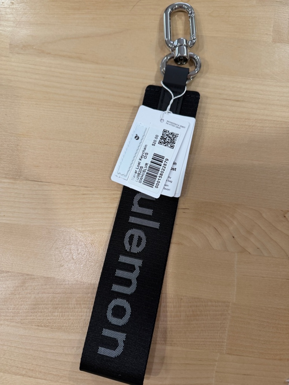 lululemon athletica Black Logo Key Fob Strap with Silver Hardware